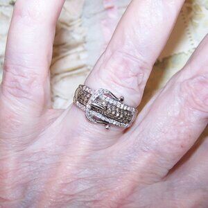 Vintage Sterling Silver Lab Diamond Buckle Ring - Size 8